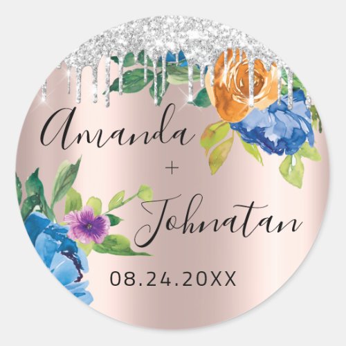 Name Save The Date Rose Silver Drips Navy Classic Round Sticker