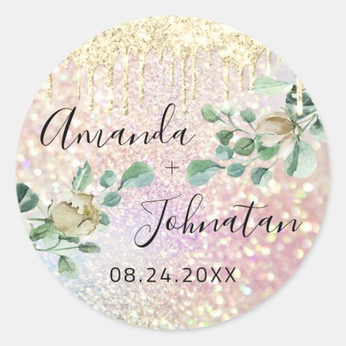 Name Save The Date Silver Drips Mint Glitter Rose Classic Round Sticker