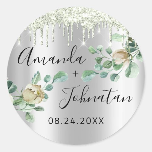 Name Save The Date Silver Drips Mint Green Classic Round Sticker