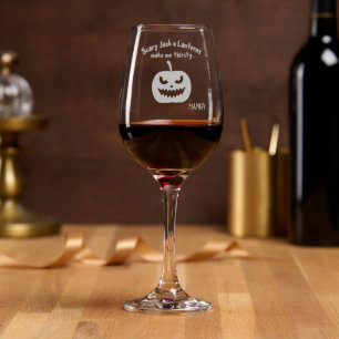 Name, Scary Jack o Lantern Halloween Etched Wine Glass