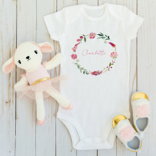 Name Script Baby Girl Watercolor Floral Pink Baby Bodysuit