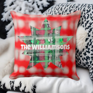 Name script celestial star plaid red green white  throw pillow