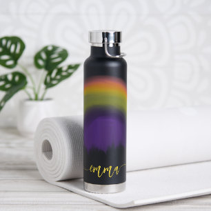 Name script colorful rainbow personalized black water bottle