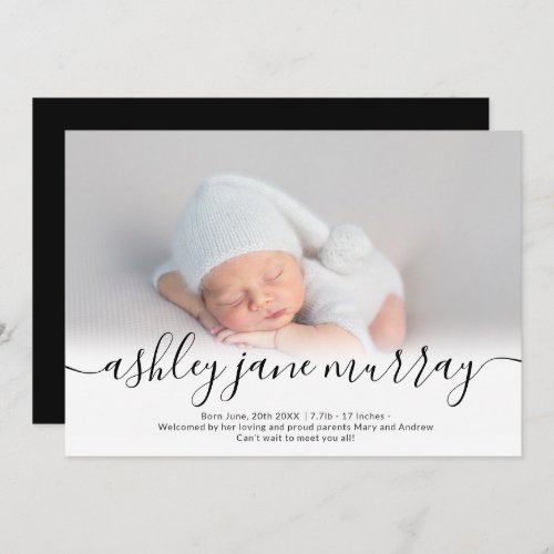 Name script heart photo black neutral baby birth announcement