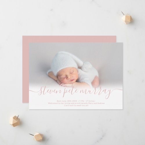 Name script heart photo dusty pink boy baby birth announcement
