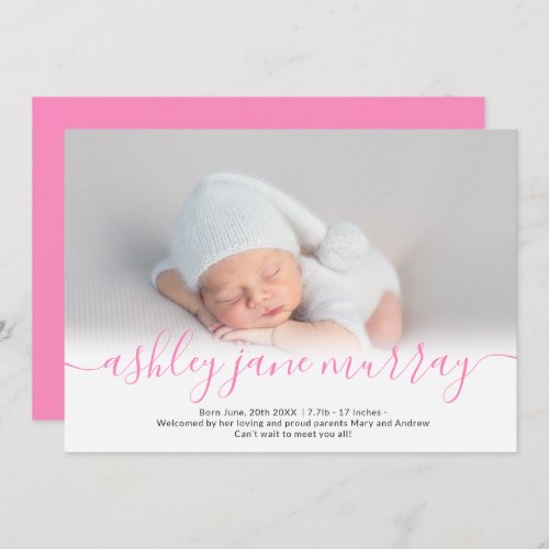 Name script heart photo pink girl baby birth announcement