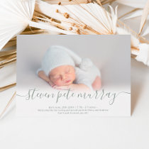 Name script heart photo sage green boy baby birth announcement