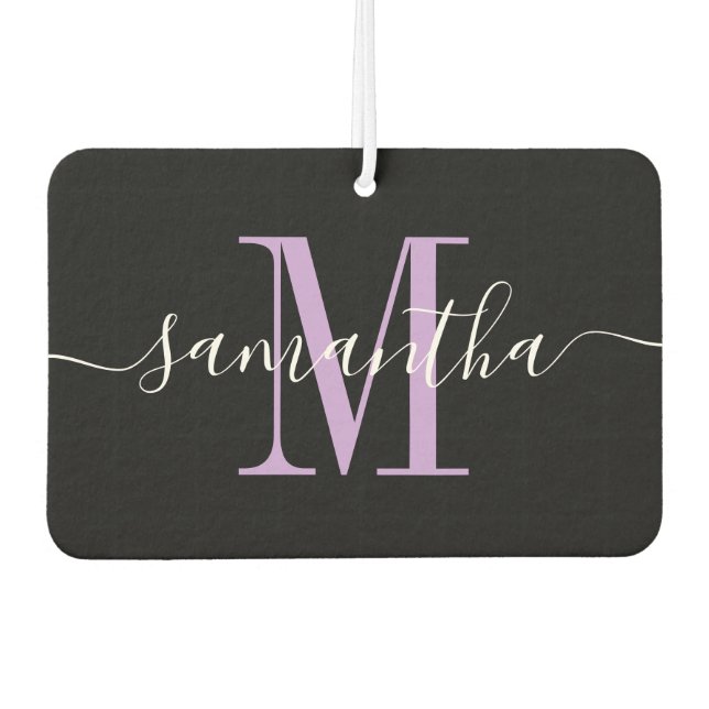 Name Script Lavender Monogram Heart Photo Black Air Freshener (Front)
