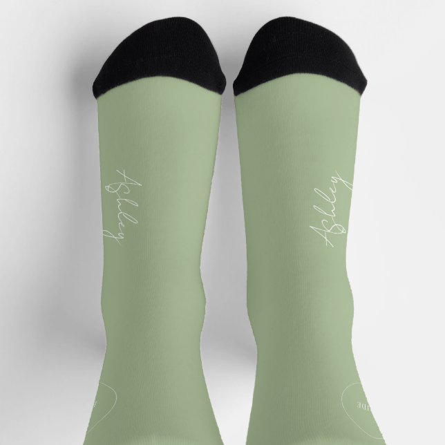 Name script personalized wedding favor sage green socks (Top)