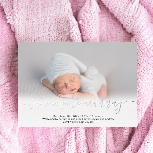 Name script photo baby birth announcement silver