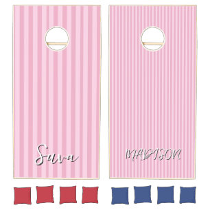Name Script Vintage Pink Stripe Cornhole Set