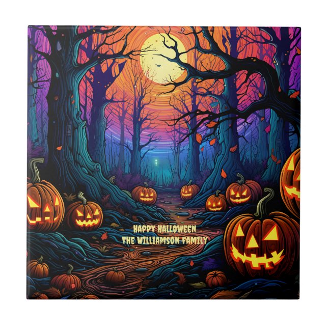 Name Sentiment Spooky Halloween Pumpkin Ceramic Tile (Front)