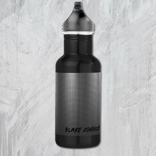 Name, Shiny Metal Grid Effect on 18oz Black Stainless Steel Water Bottle