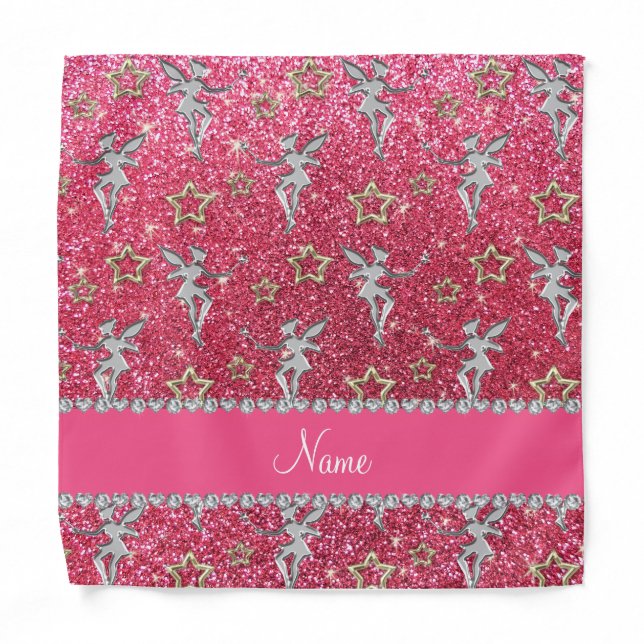 Name silver fairy gold stars neon hot pink glitter bandana (Front)