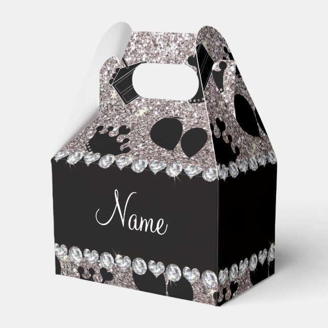 Name silver glitter crowns balloons cake favor boxes (Front Side)