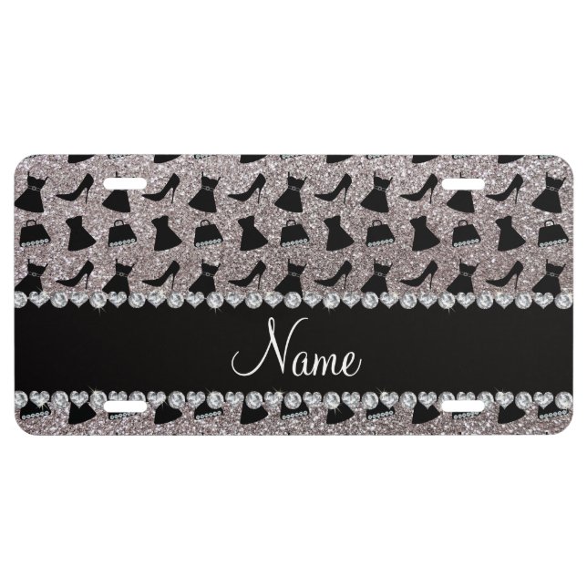 Name silver glitter high heels dress purses license plate (Front)