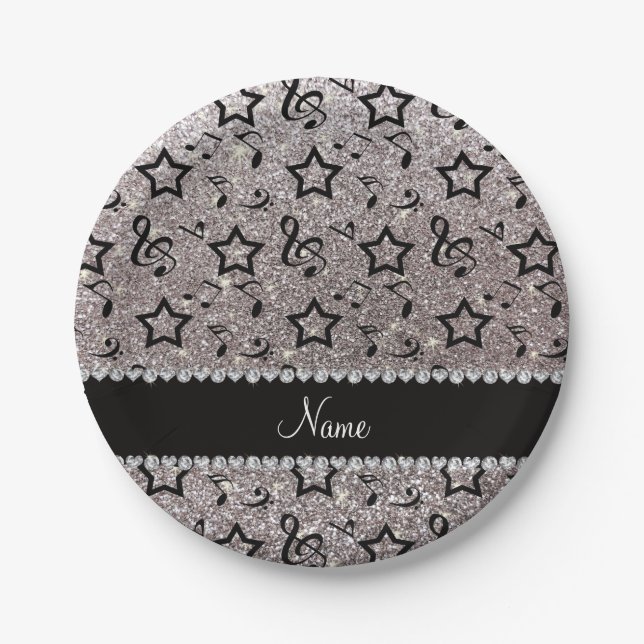Name silver glitter music notes stars paper plates (Front)