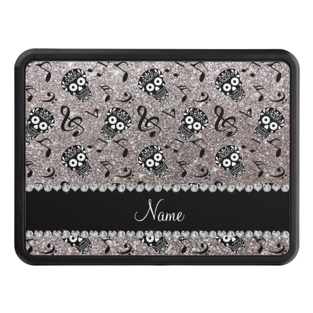 Name silver glitter music notes sugar skulls tow hitch cover (Front)