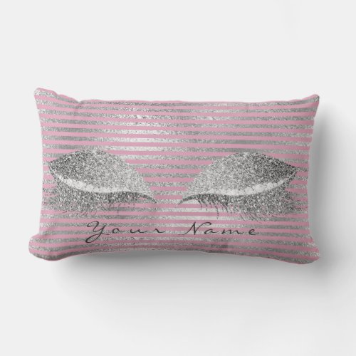 Name Silver Glitter Stripes Pink Glam Makeup White Lumbar Pillow