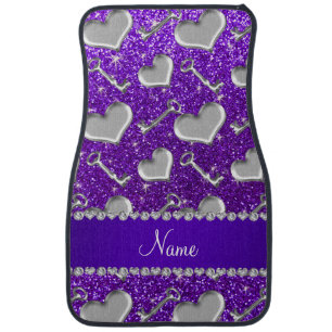 Name silver hearts keys indigo purple glitter car floor mat