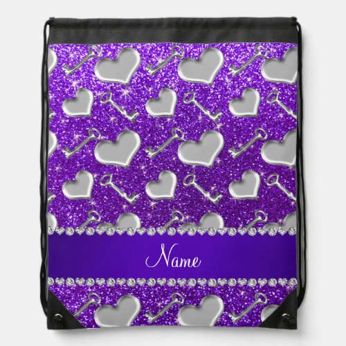 Name silver hearts keys indigo purple glitter drawstring bag