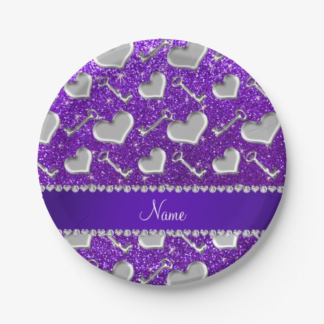 Name silver hearts keys indigo purple glitter paper plates (Front)