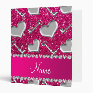 Name silver hearts keys neon hot pink glitter 3 ring binder