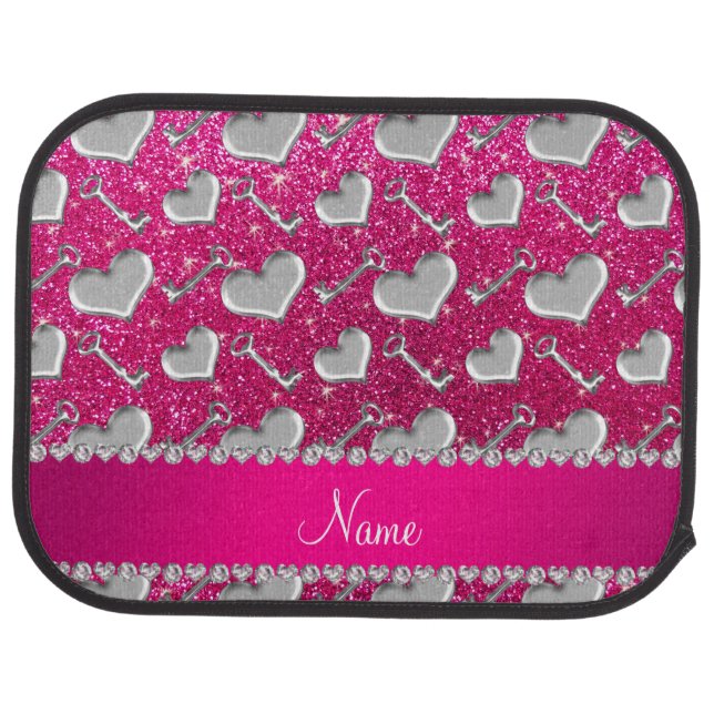 Name silver hearts keys neon hot pink glitter car mat (Rear)