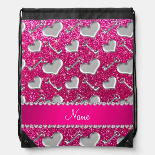 Name silver hearts keys neon hot pink glitter drawstring bag