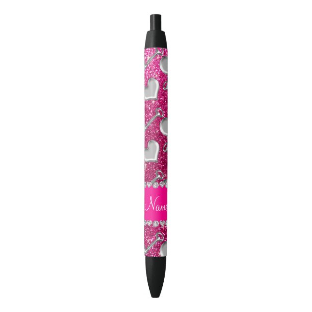 Name silver hearts keys neon hot pink glitter pen (Front Vertical)