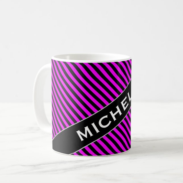 Name + Simple Fuchsia & Black Stripes Pattern Mug (Front Left)