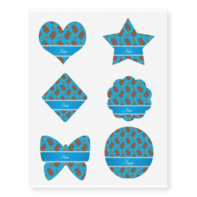 Name sky blue bears honeypots bees pattern temporary tattoos (Front)