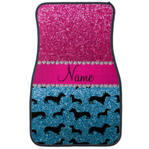 Name sky blue glitter dachshunds pink glitter car floor mat