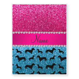 Name sky blue glitter dachshunds pink glitter temporary tattoos
