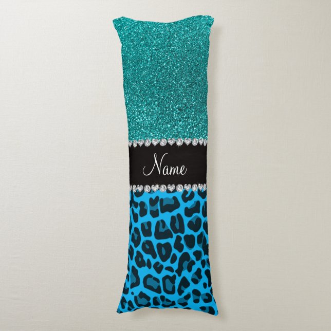 Name sky blue leopard turquoise glitter body pillow (Front Vertical)