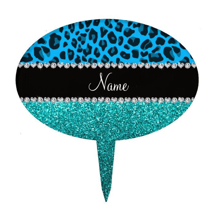 Name sky blue leopard turquoise glitter cake picks