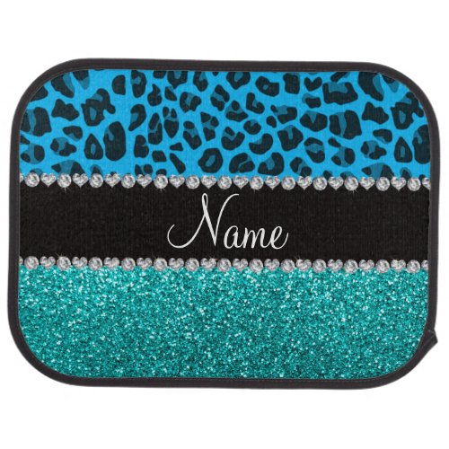 Name sky blue leopard turquoise glitter car floor mat