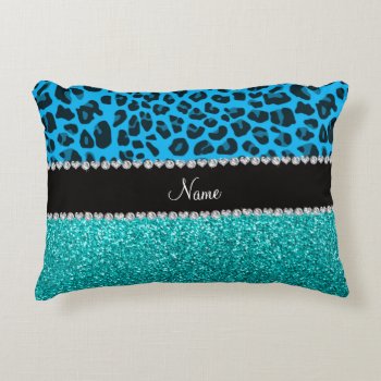 Name Sky Blue Leopard Turquoise Glitter Decorative Pillow by Brothergravydesigns at Zazzle