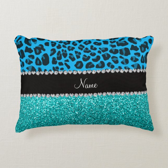 Name sky blue leopard turquoise glitter decorative pillow (Front)