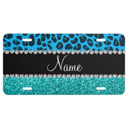 Name Sky Blue Leopard Turquoise Glitter License Plate