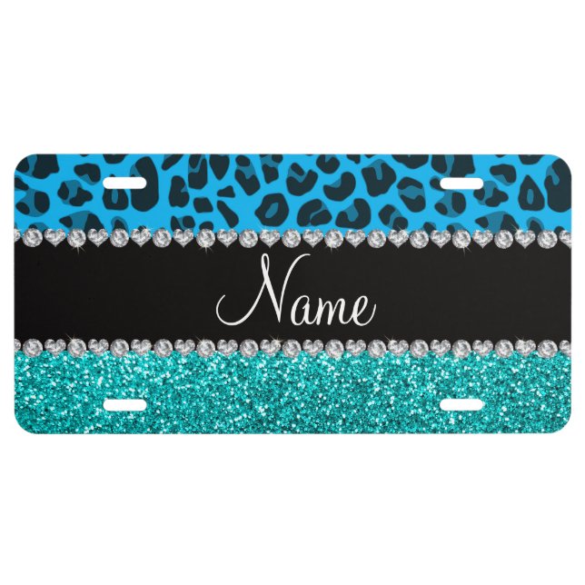 Name sky blue leopard turquoise glitter license plate (Front)