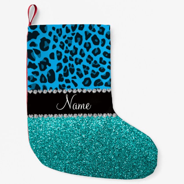 Name sky blue leopard turquoise glitter small christmas stocking (Front)