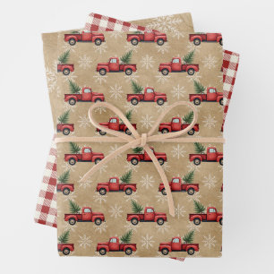 Name Snowflakes Vintage Red Truck Plaid Farmhouse Wrapping Paper Sheets