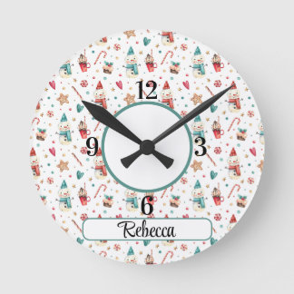 Name, Snowman Hearts Candy Pattern 8-in Acrylic Round Clock