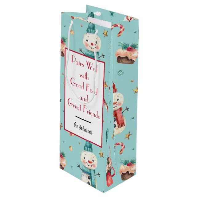 Name, Snowman & Sweets Holiday Wine Gift Bag (Front Angled)