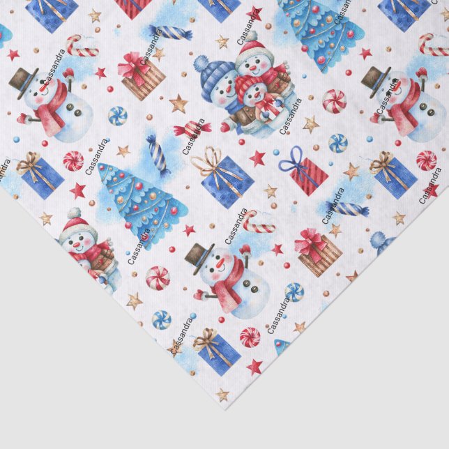 Name, Snowmen Blue & Red Whimsical Christmas Tissue Paper (Detail)