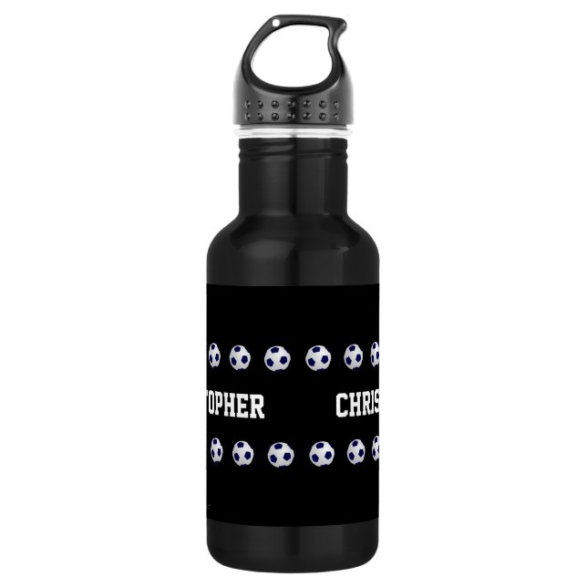 Name, Soccer Ball, Black & White Stainless Steel Water Bottle (Front)