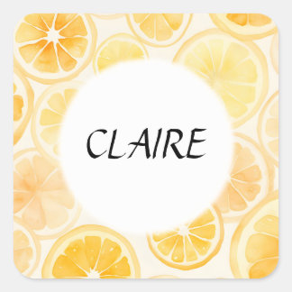 Name Soft Oranges and Lemons Watercolor Pattern Square Sticker