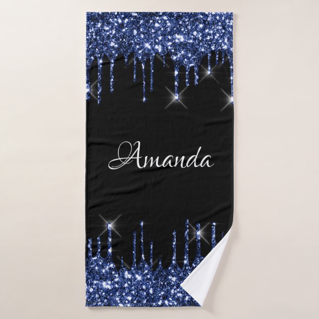 Name Sparkly Glitter Drips Black Blue Navy Bath Towel (Bath Towel)