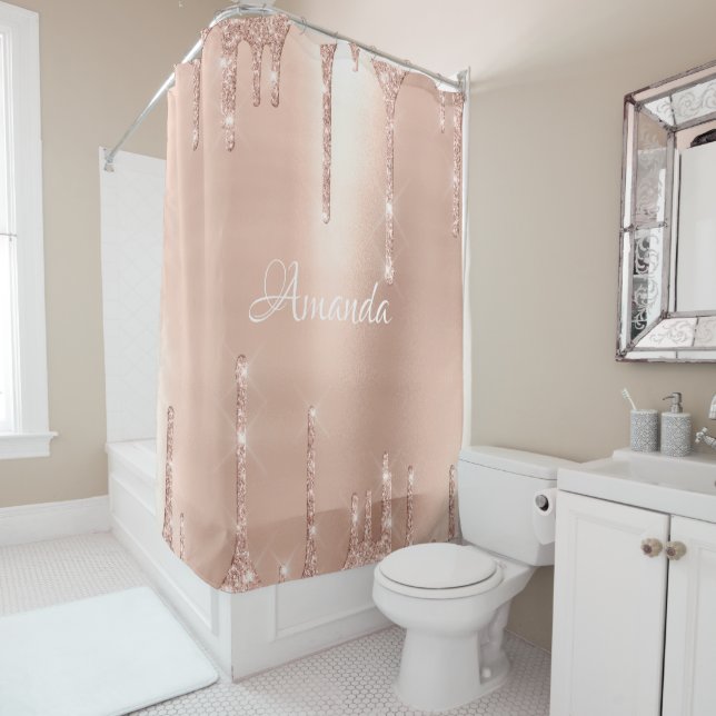 Name Sparkly Glitter Drips Blush Rose Gold White Shower Curtain (In Situ)